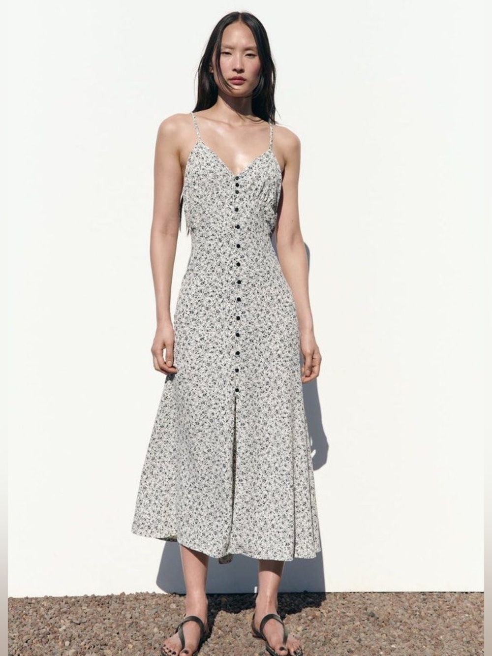 Zara White Black Floral Button-Front Slip Dress